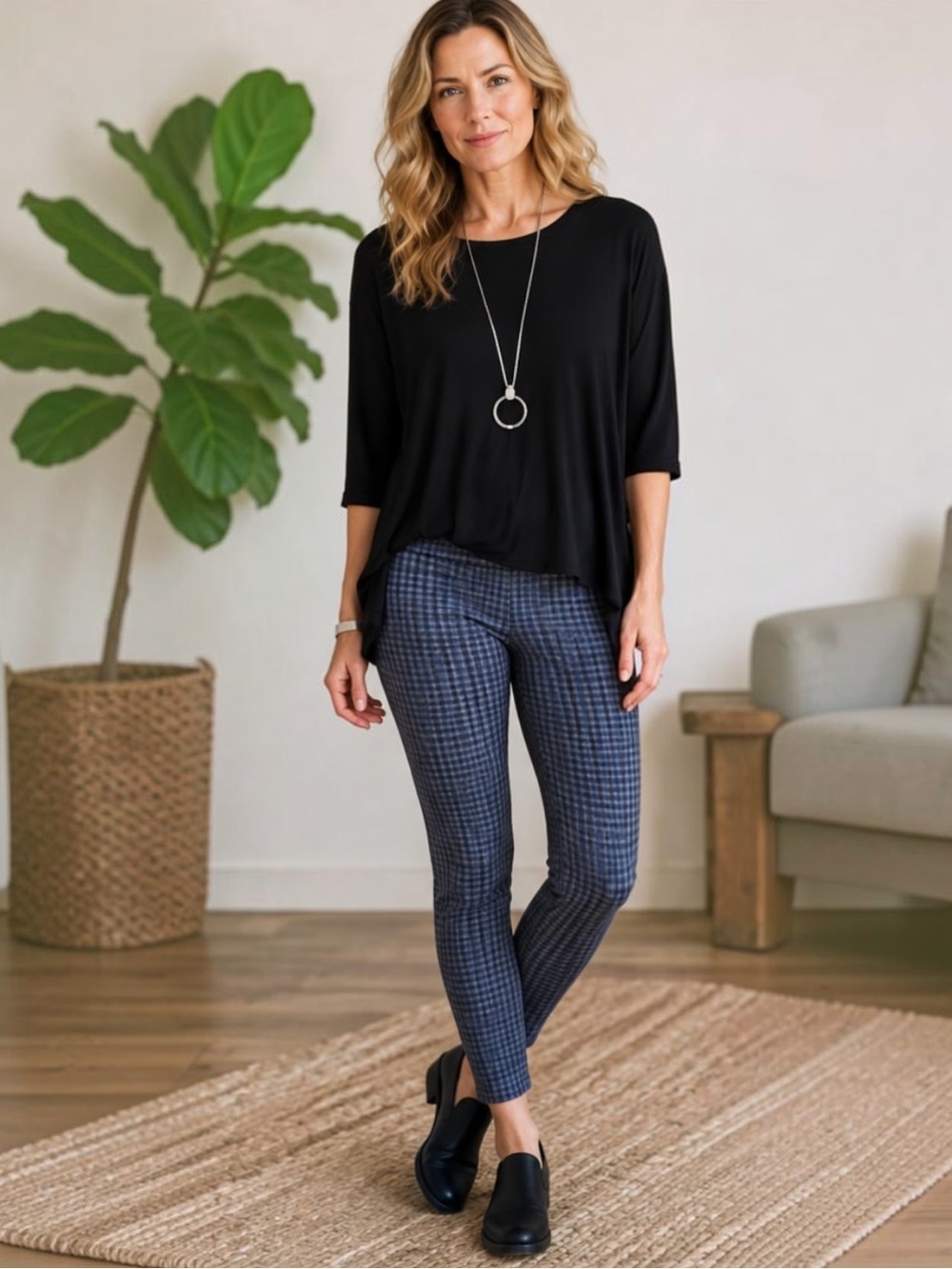 XCVI Wearables Ponte Pull On Pants Large Black Blue Plaid Stretch Comfy Chic